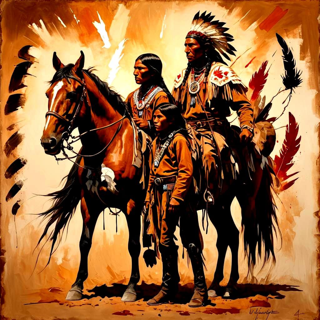 Native American Brave and Horse with Handprints