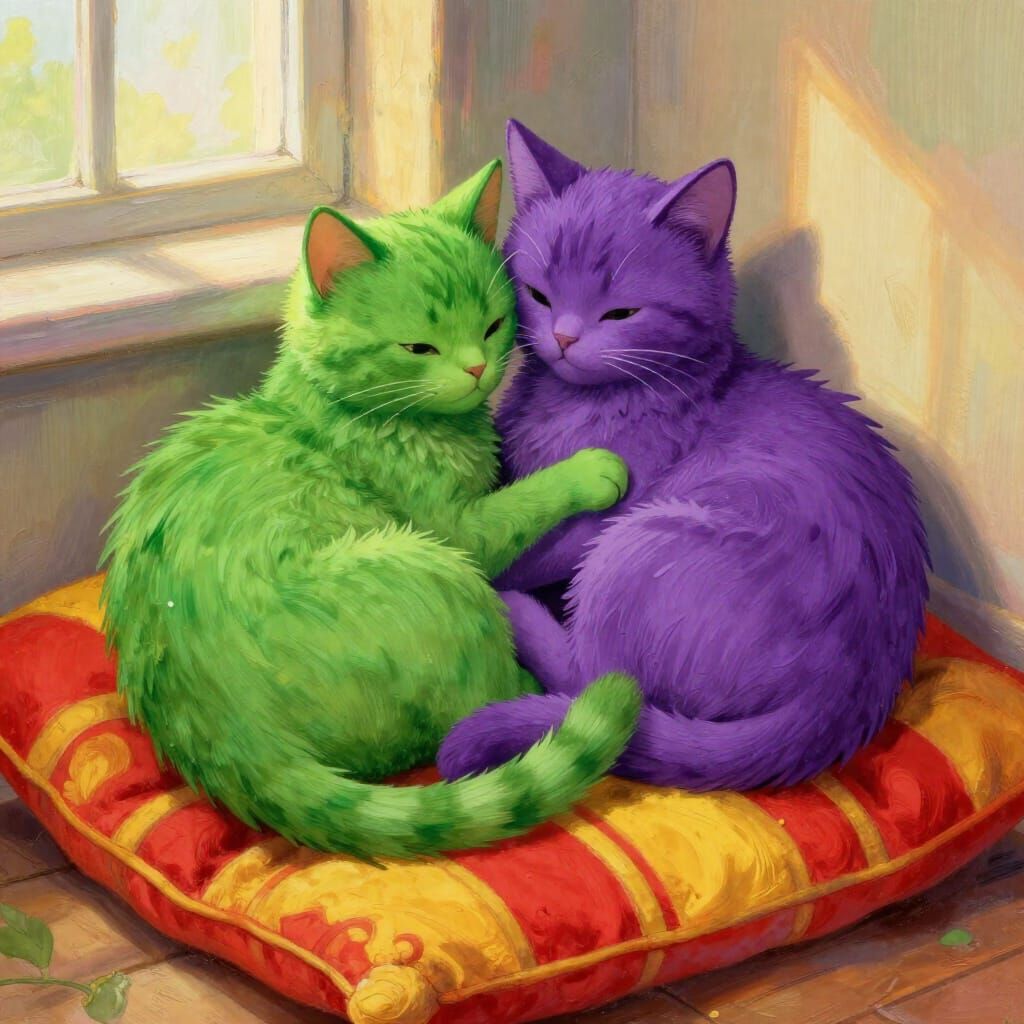 Green and Purple Cats Cuddling on Striped Pillow