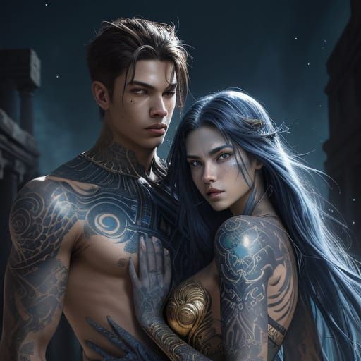 Teen Couple with Glowing Tattoos in Ancient Ruins