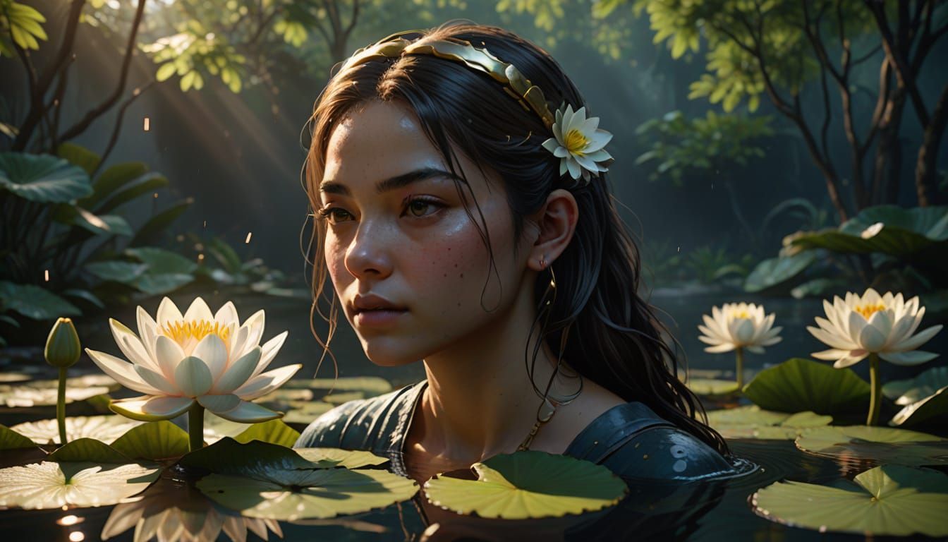 Woman in Water with Lily: 3D Rendered Graphics