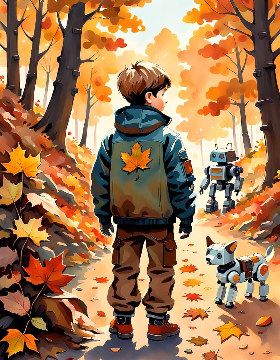 Boy and Robopet in Autumn Gouache Painting