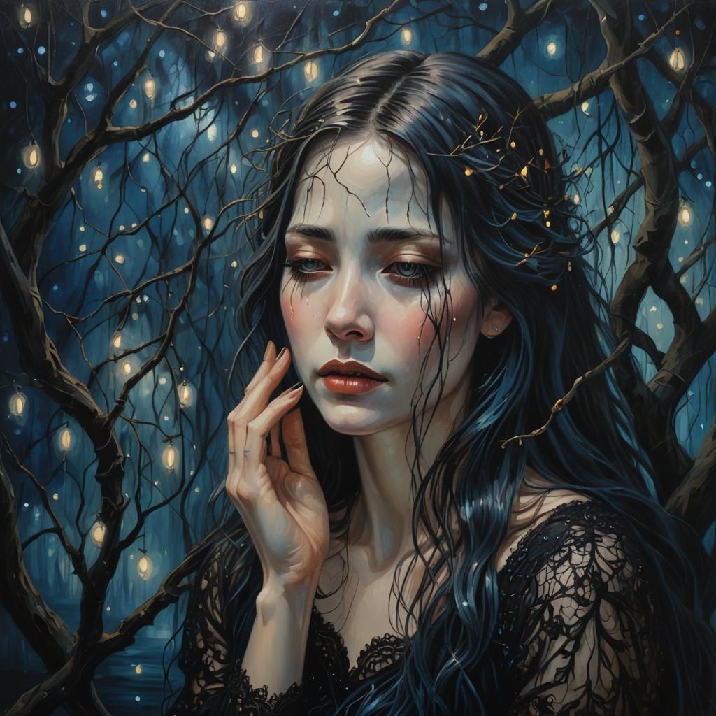 Gothic Surrealism: Weeping Woman Under Willow Tree