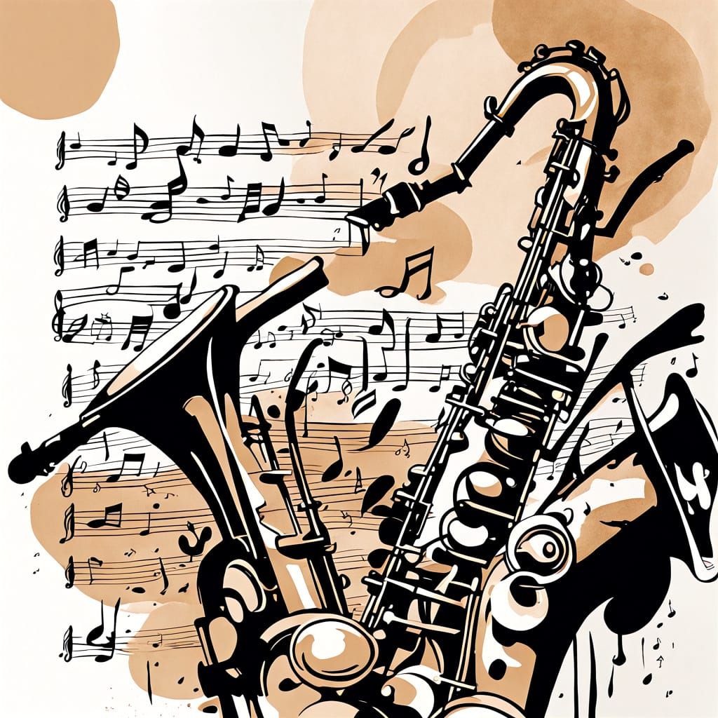 Saxophone Landscape in Ink Drawing Style