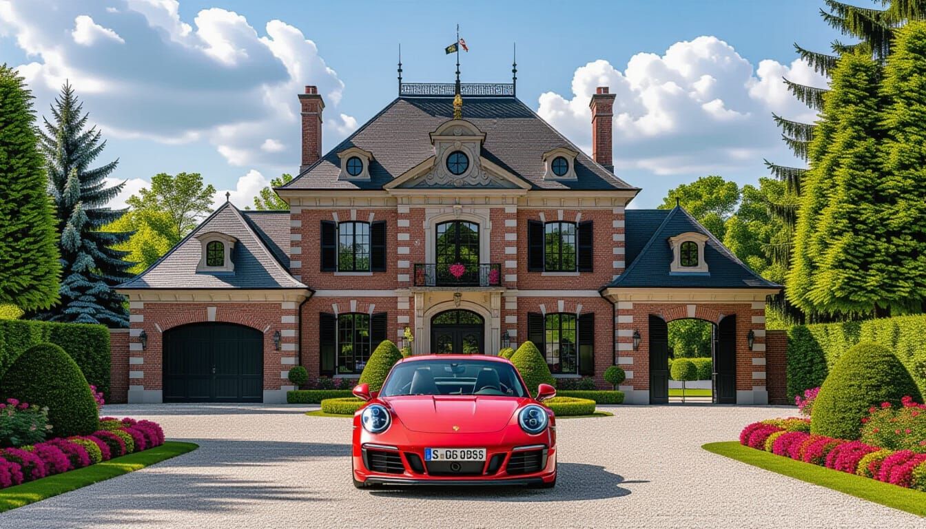 Victorian Chateau with Red Porsche 911