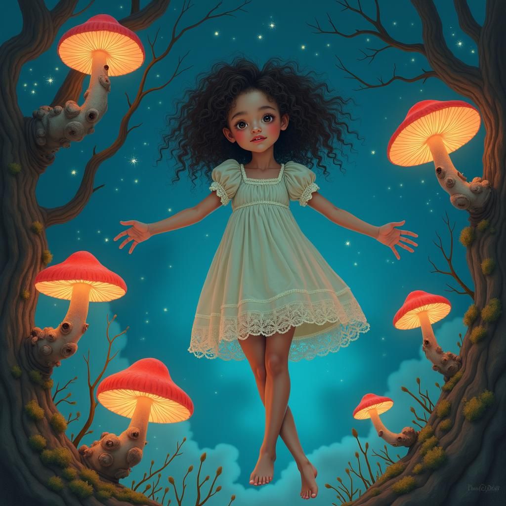 Ethereal Girl in Bioluminescent Dreamscape, Pop-Surrealism
