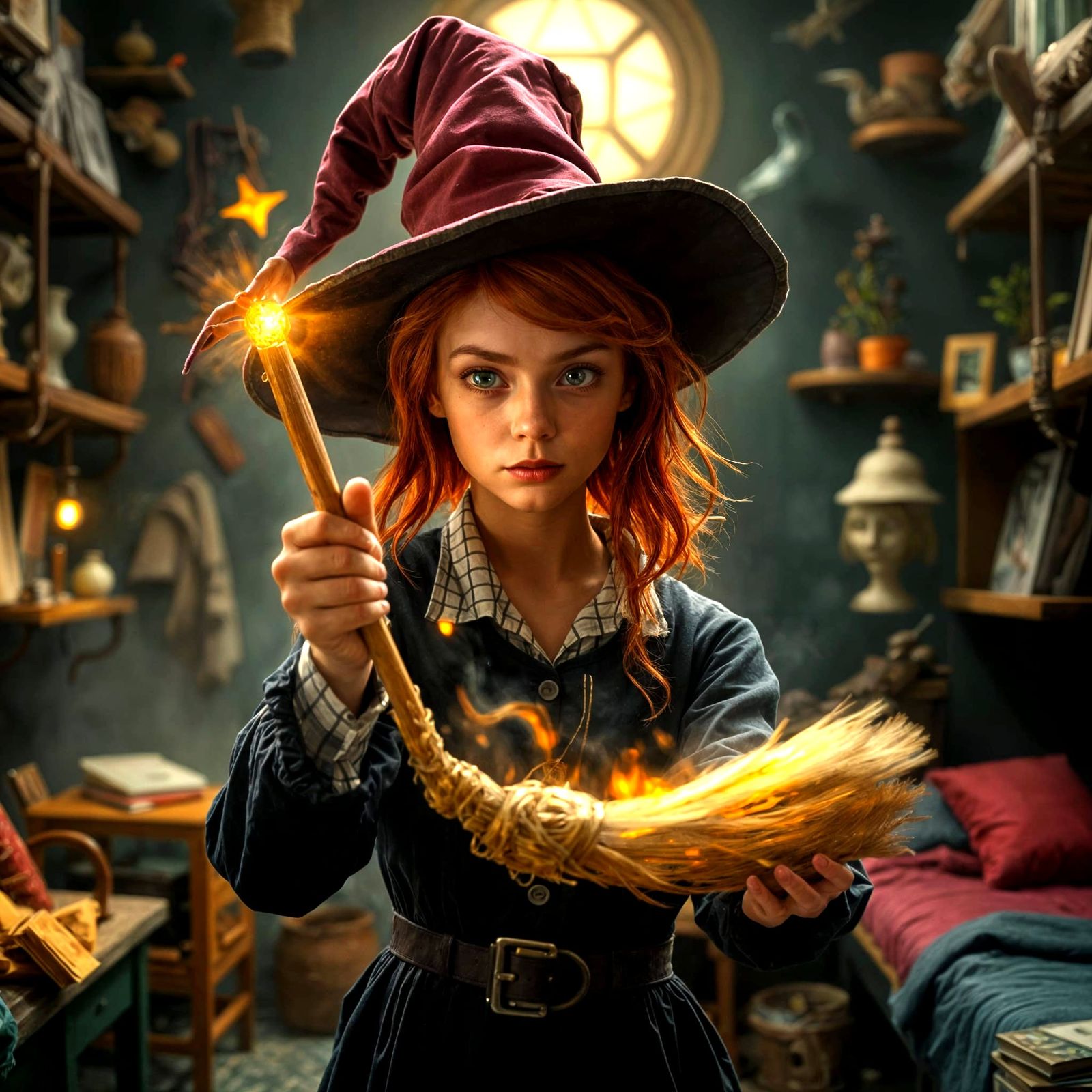 Whimsical Witch Tames Magical Broom in Enchanted Dormitory