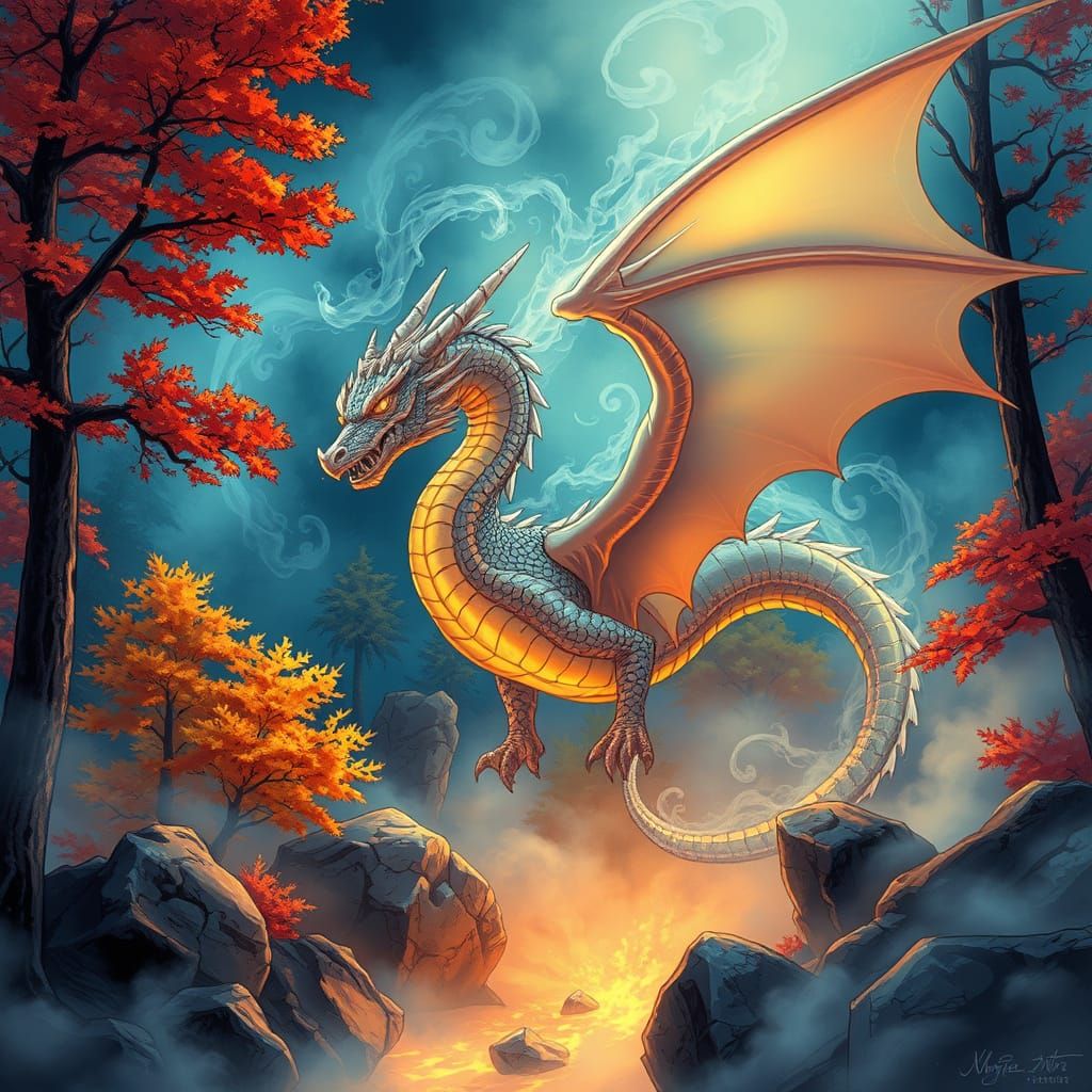 Vaporous Dragon in Autumn Forest Comic Art Style