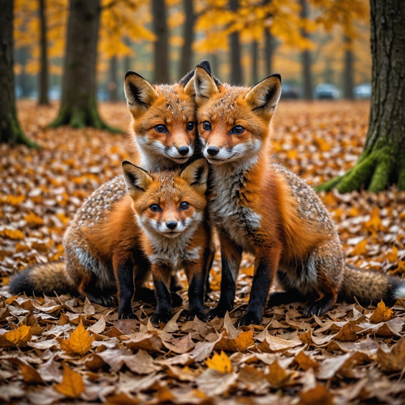 Happy Baby Foxes Play in Autumn Leaves