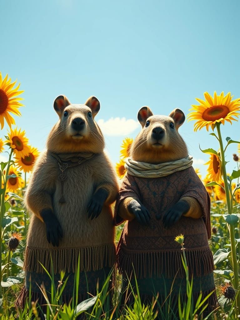 Capybaras in Sunflower Field, Ethereal Cinematic Style