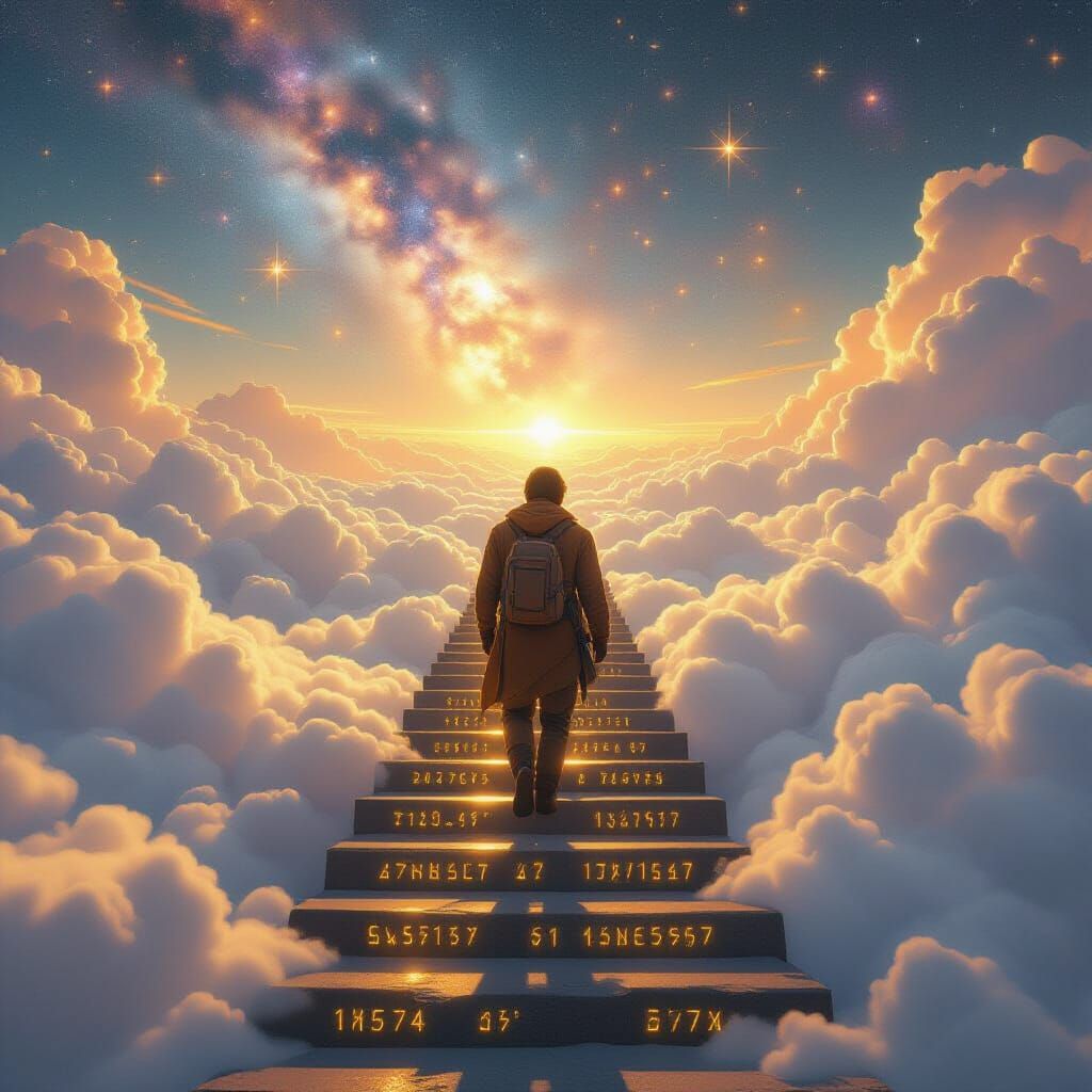 Lone Traveler Ascends Infinite Staircase into Clouds