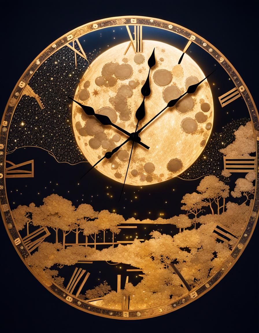 Clock on the Moon in Klimt Style
