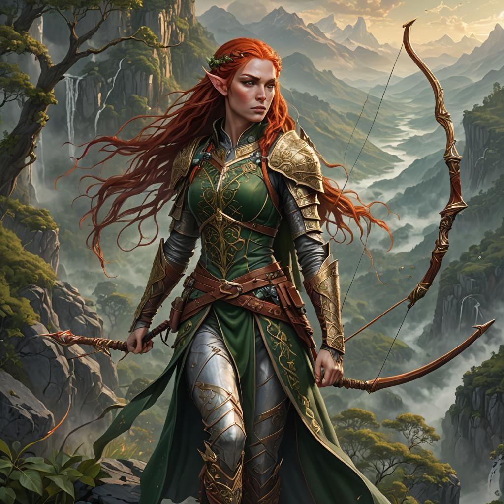 High Elf Archer on Misty Mountain, Fantasy Art