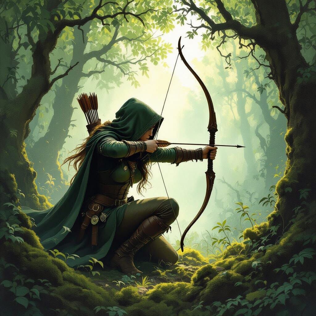 Medieval Lady Hunter Hiding in Forest with Bow