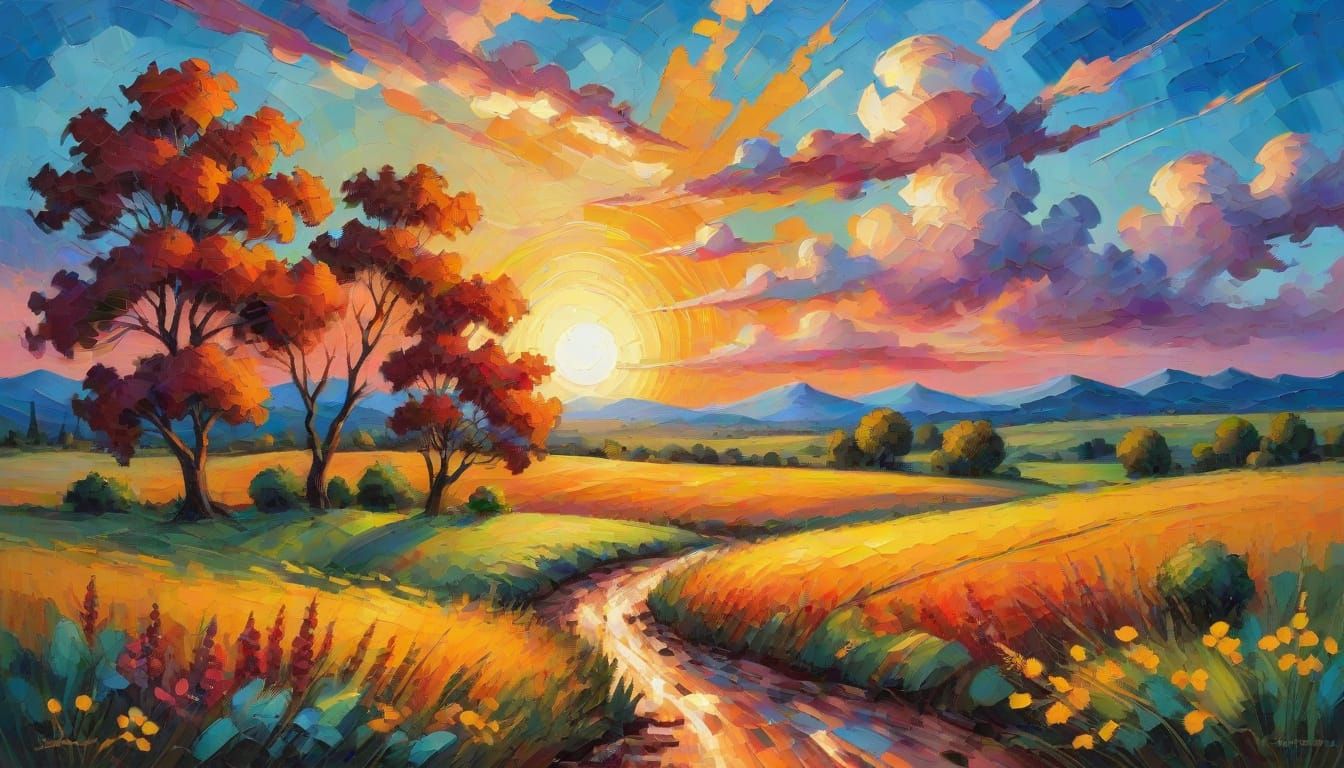 Vibrant Summer Sunset in Neo-Impressionist Oil Painting