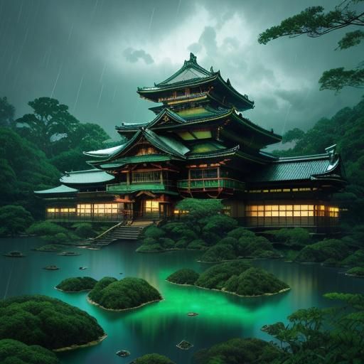 Luminous Jade Stone Castle in Emerald Rainforest