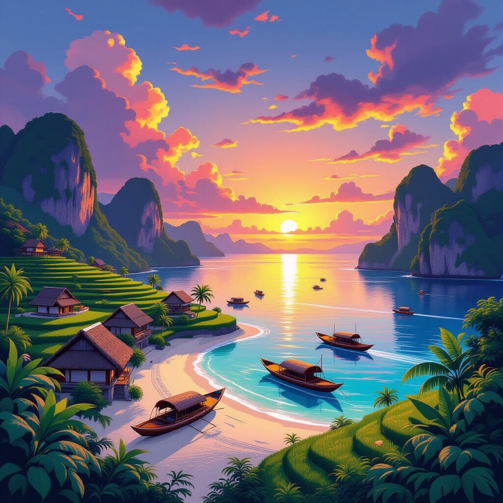 Philippine Village Sunset: Hyper-Realistic Tropical Scene