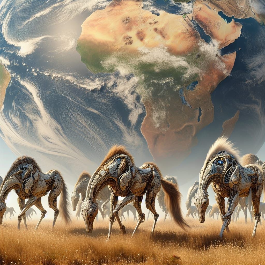 Sci-Fi Alien Horses Foraging in Natural Habitat