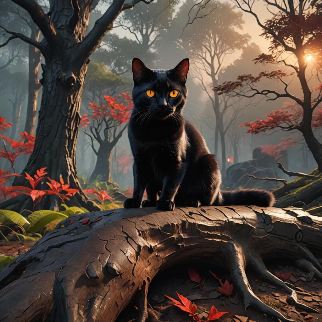 Bombay Cat in Forest at Sunset: Fantasy Art