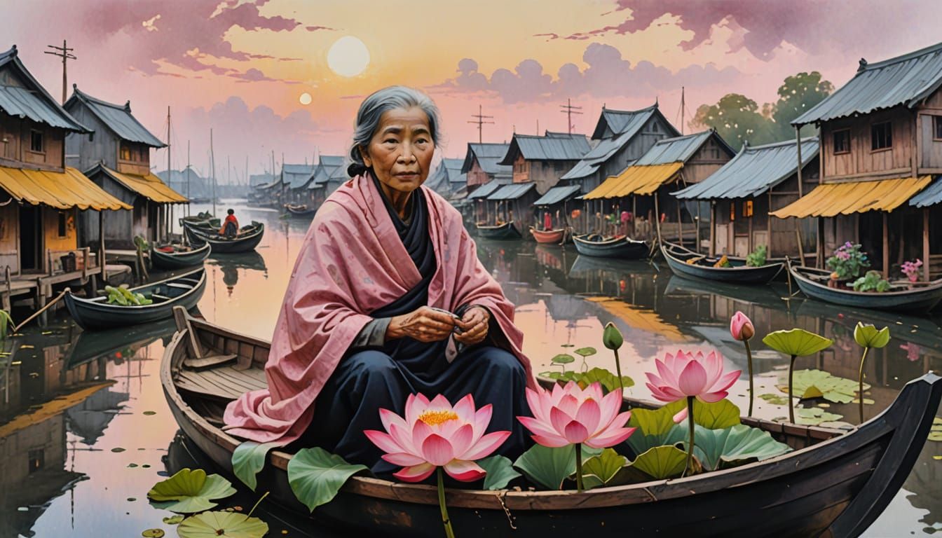 Elderly Woman in Boat with Lotus Flower, Blackwork Art