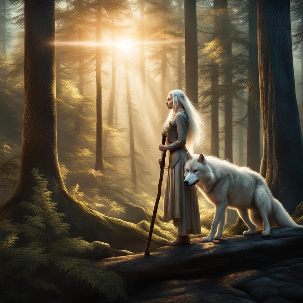 Woman and Wolf in Sunlit Forest: Digital Matte Painting