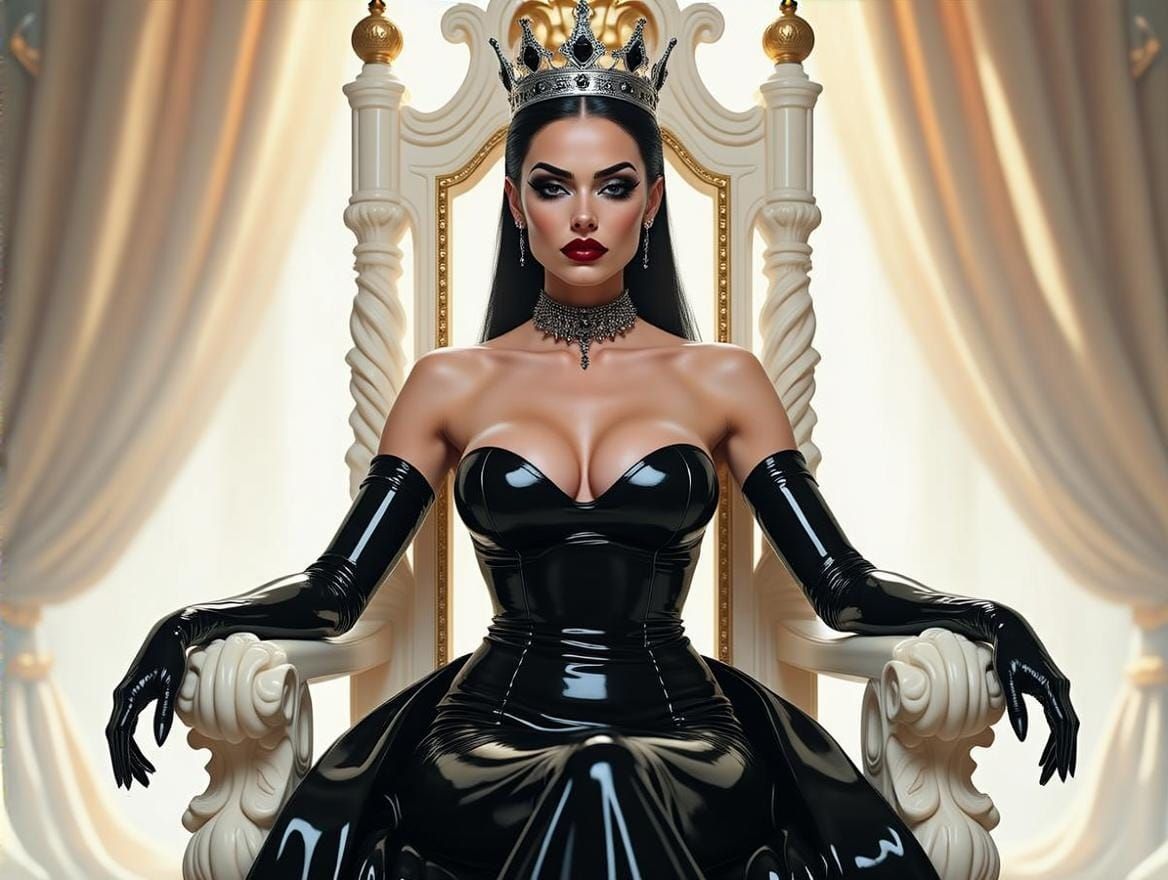 Regal Queen in Shimmering Black Latex Gown