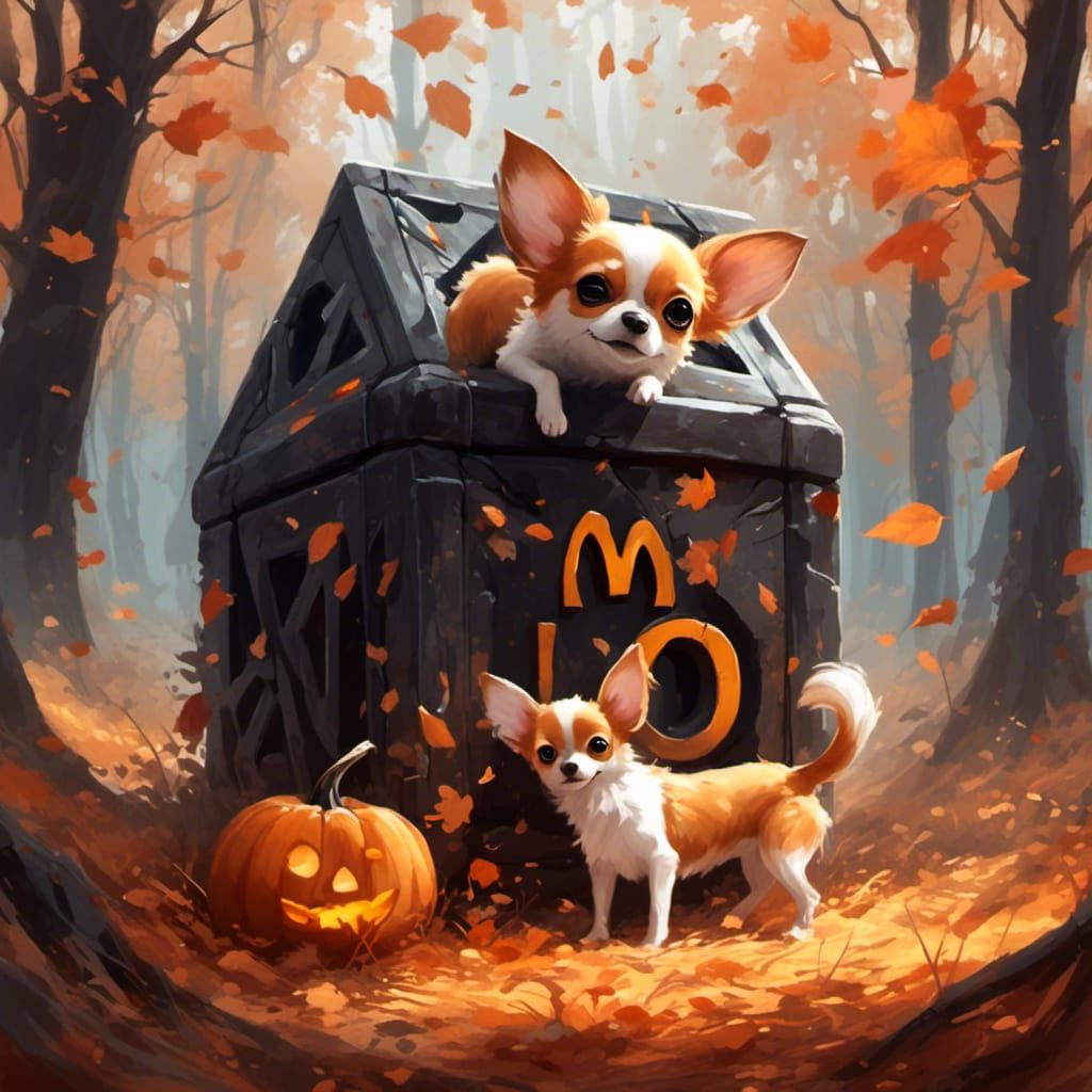 Autumnal Cube with Ghosts and Chihuahua, Watercolor Art