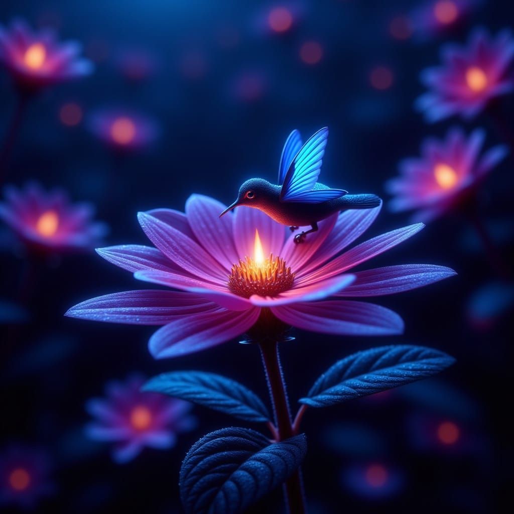 Epic Fantasy Garden Scene with Magical Hummingbird and Bloom...