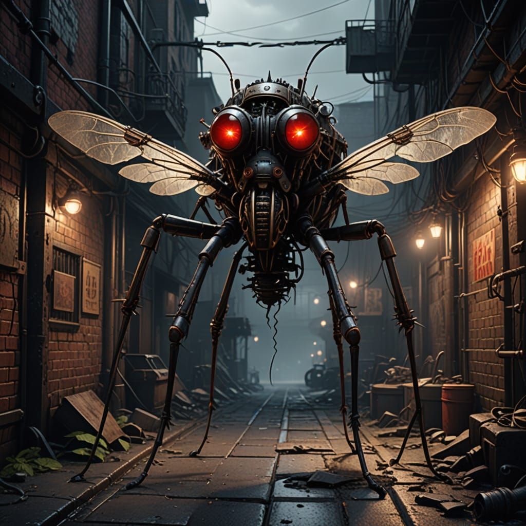 Steampunk Biomechanical Mosquito in Industrial Setting
