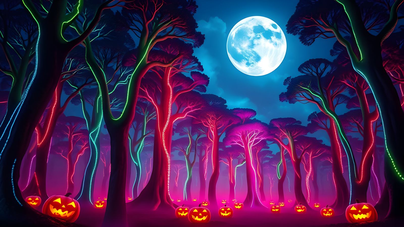 Futuristic Bioluminescent Halloween Forest at Night