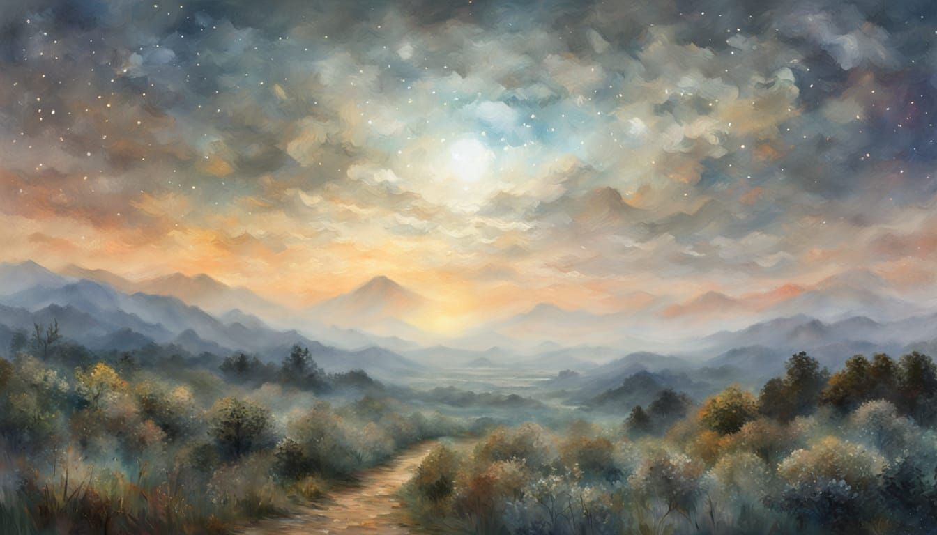 Atmospheric Moonlit Starry Night in Gouache Style