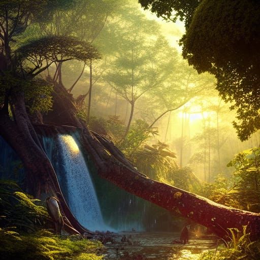 Sunlit Waterfall Through Forest Canopy: Fantasy Art