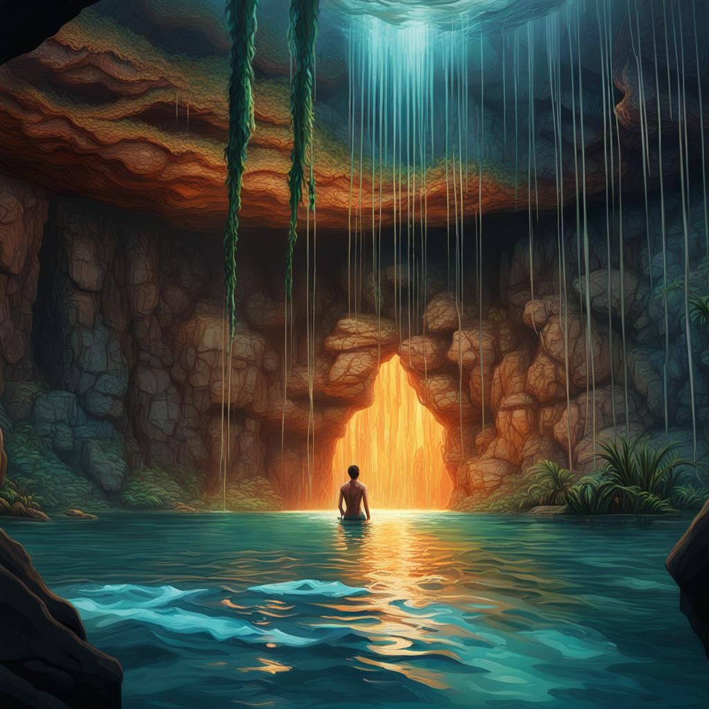Hyperrealistic Cenote Concept Art with Dramatic Lighting