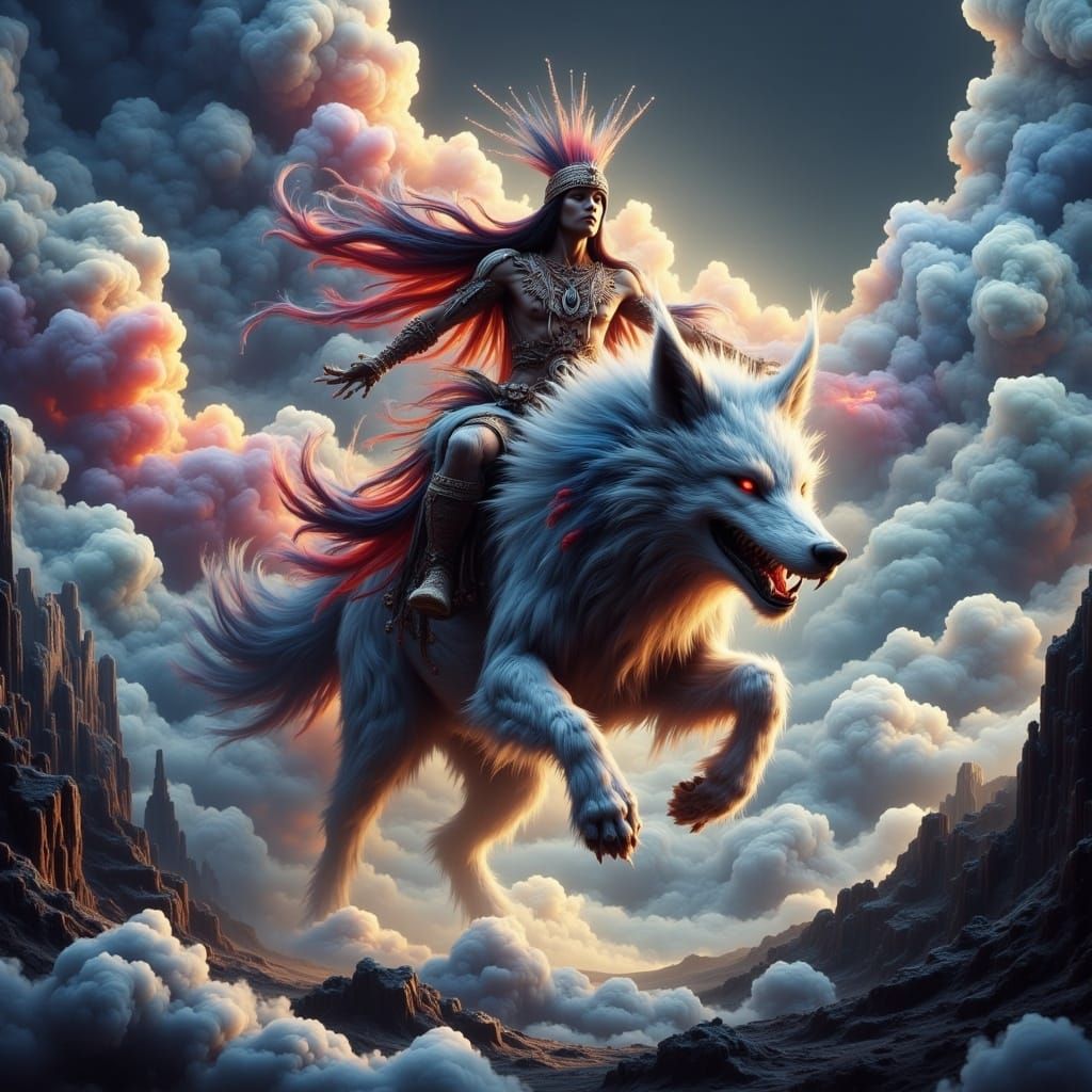 Surreal Native American Warrior Rides Iridescent Wolf throug...
