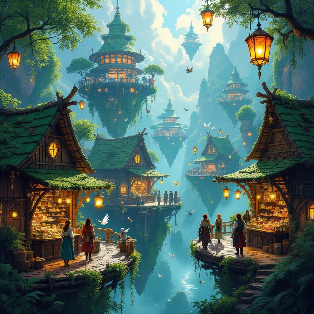 Bustling Fantasy Floating Market with Winged Creatures