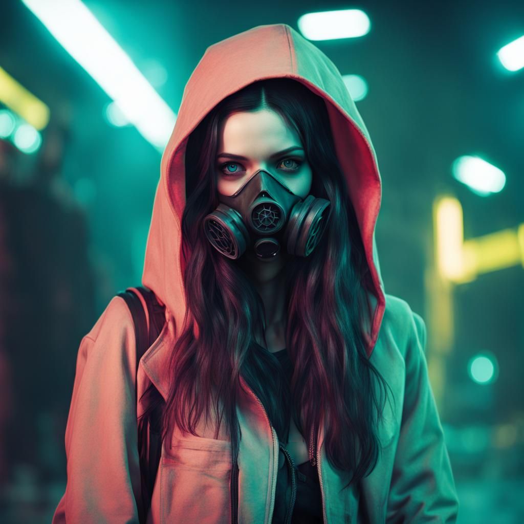 Cyberpunk Woman with Gas Mask and Neon Lighting