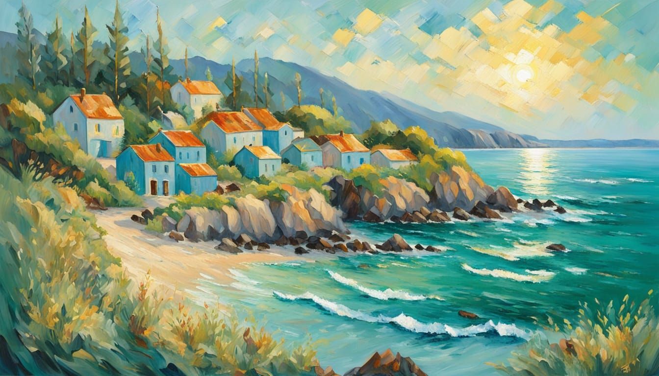Impressionist Fishing Village Seascape with Emerald and Gold...