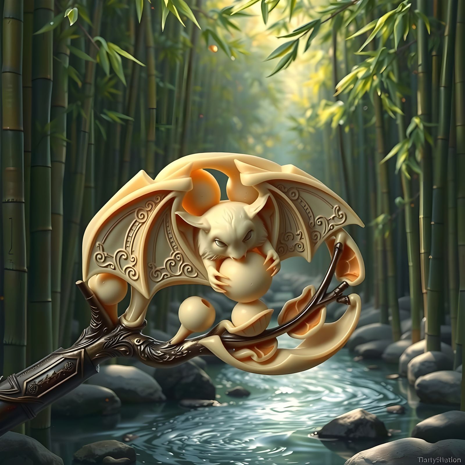 Bat with Fruit Netsuke Masterpiece in Intricate Ivory