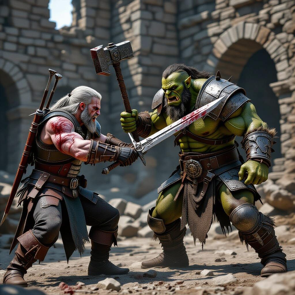 Witcher Battles Orc in Ruined Fortress