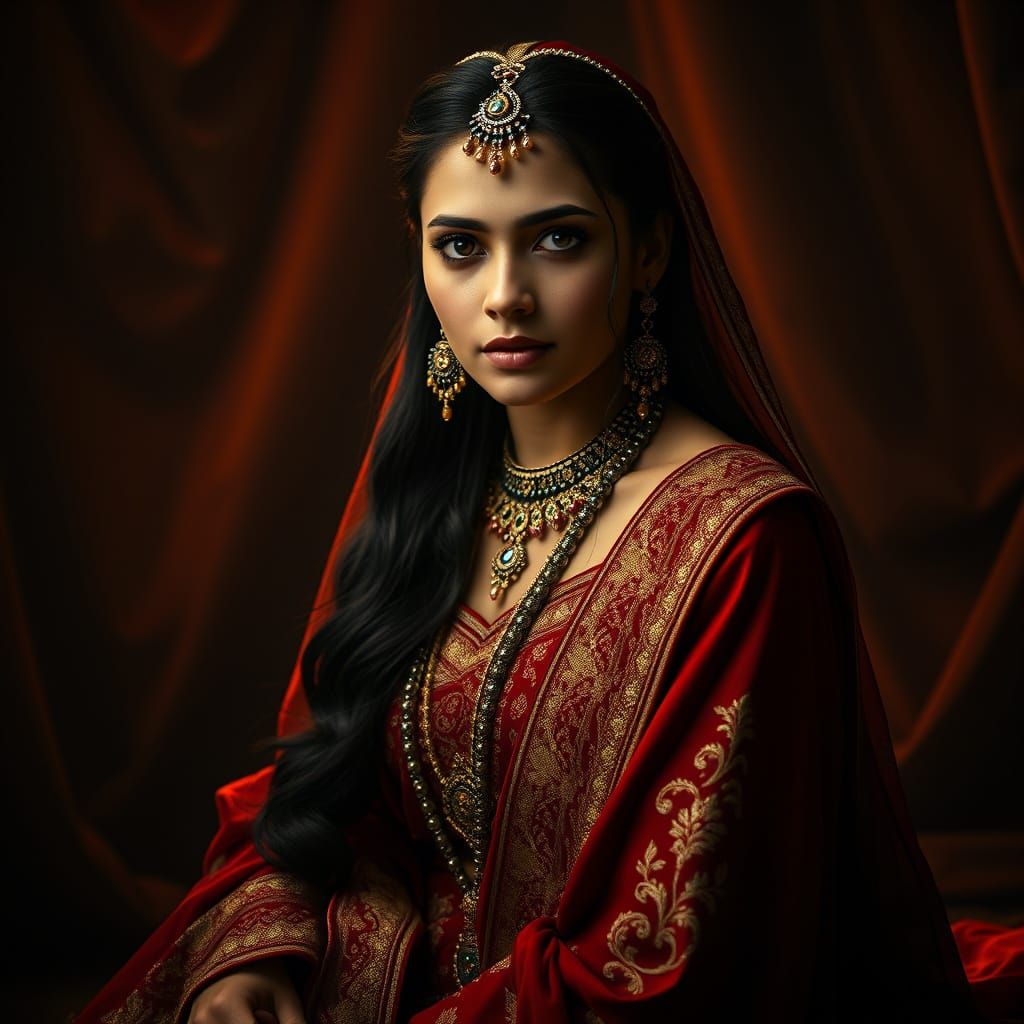 Regal Indian Woman in Opulent Attire, Illuminated by Warm Go...