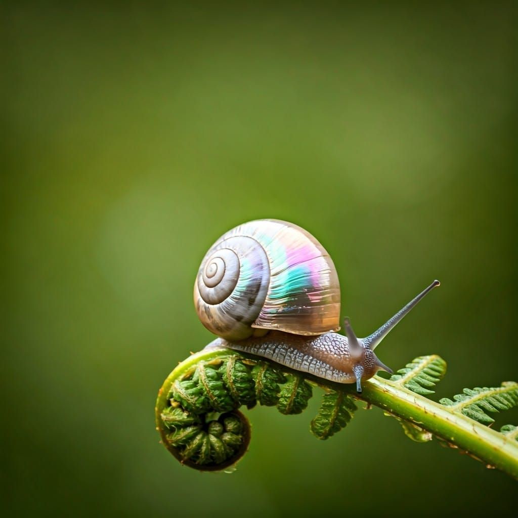 Whimsical Snail perched on a delicate Fern Fiddlehead