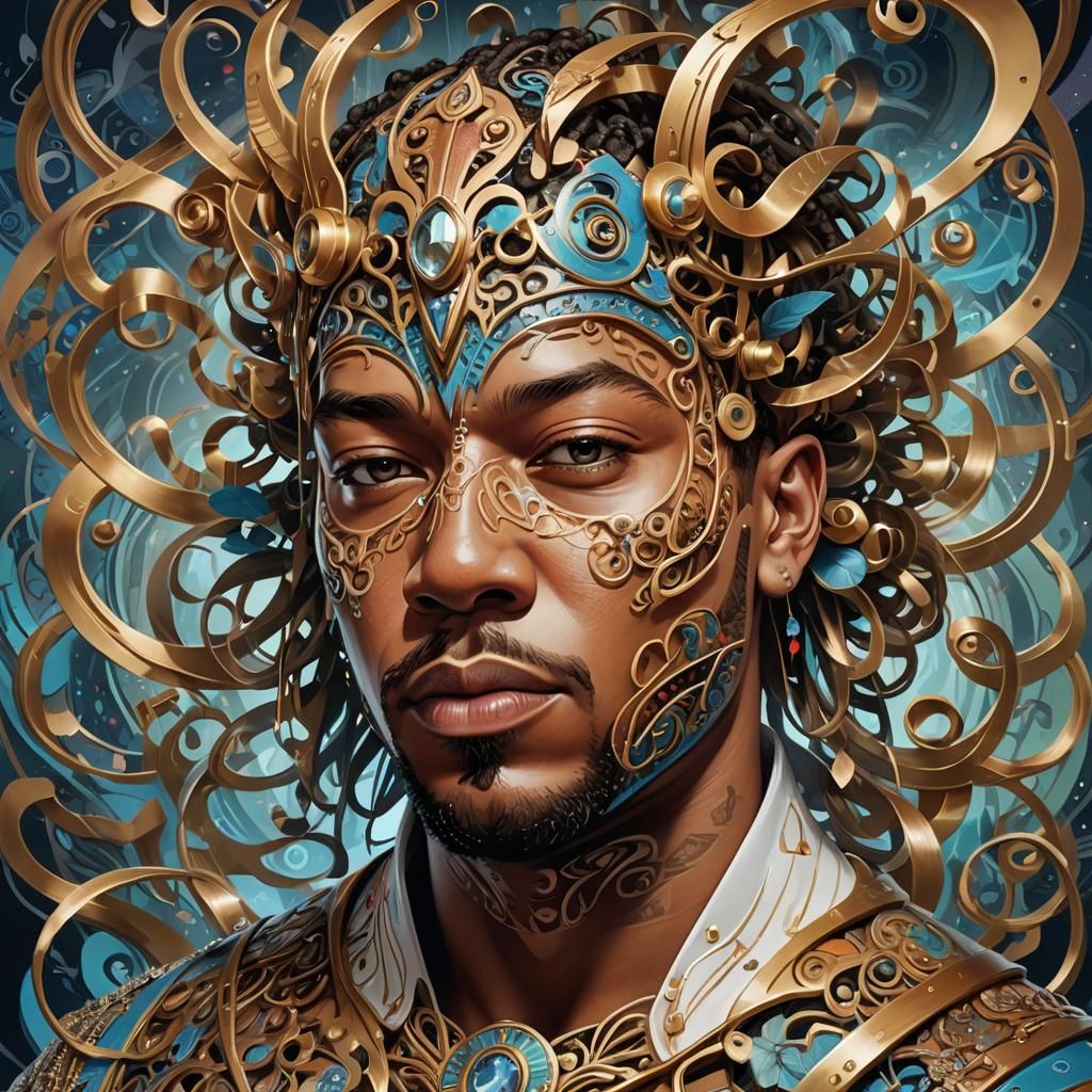 Surreal Portrait with Mask in Art Nouveau Style