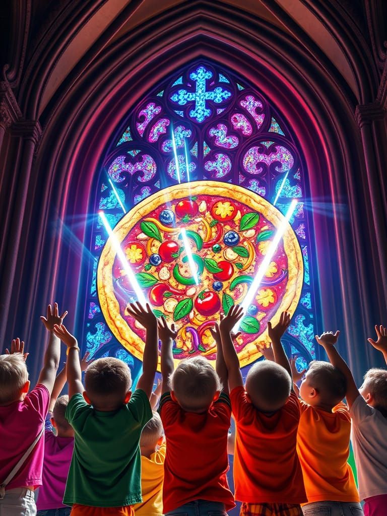 Children Adore a Radiant, Neon-Lit Cathedral Pizza in a Kale...
