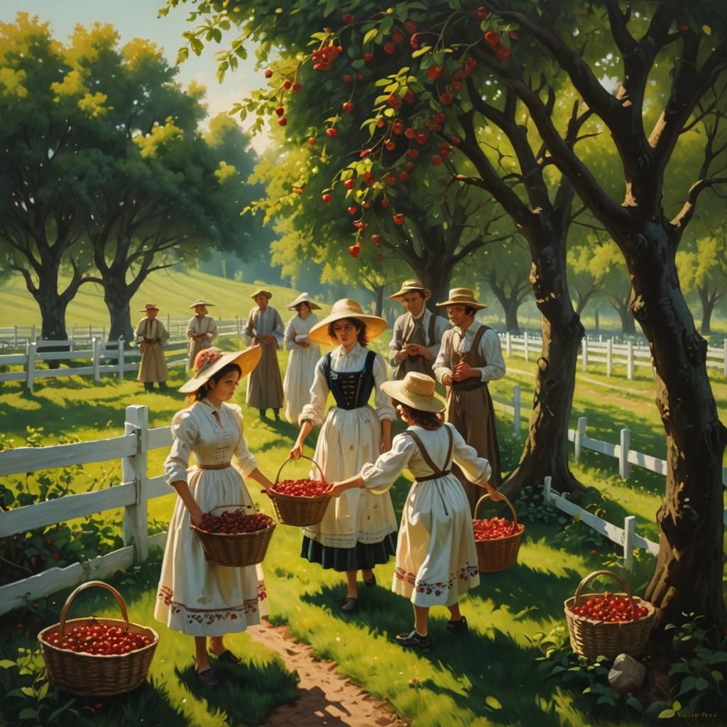 Cherry Orchard Fantasy Oil Painting in Golden Sunlight