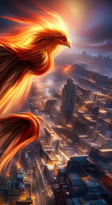 Phoenix Rises Above Ruined City: Dark Fantasy Art
