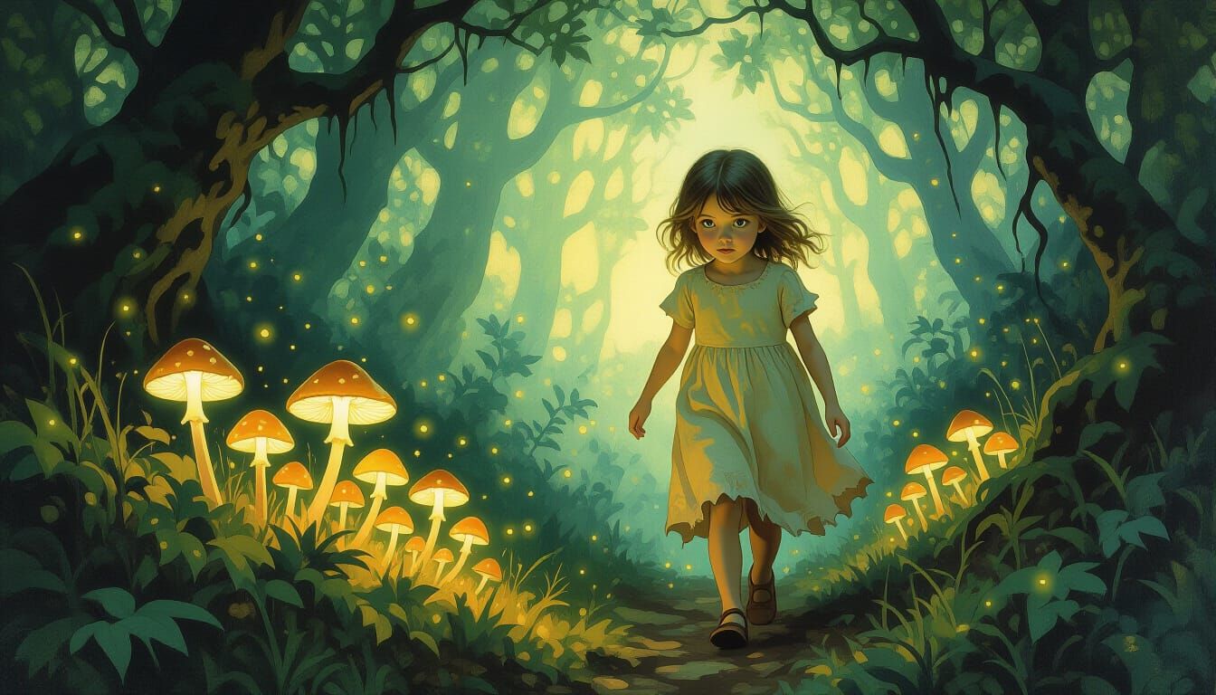 Enchanted Forest Girl Following Glowing Mushrooms