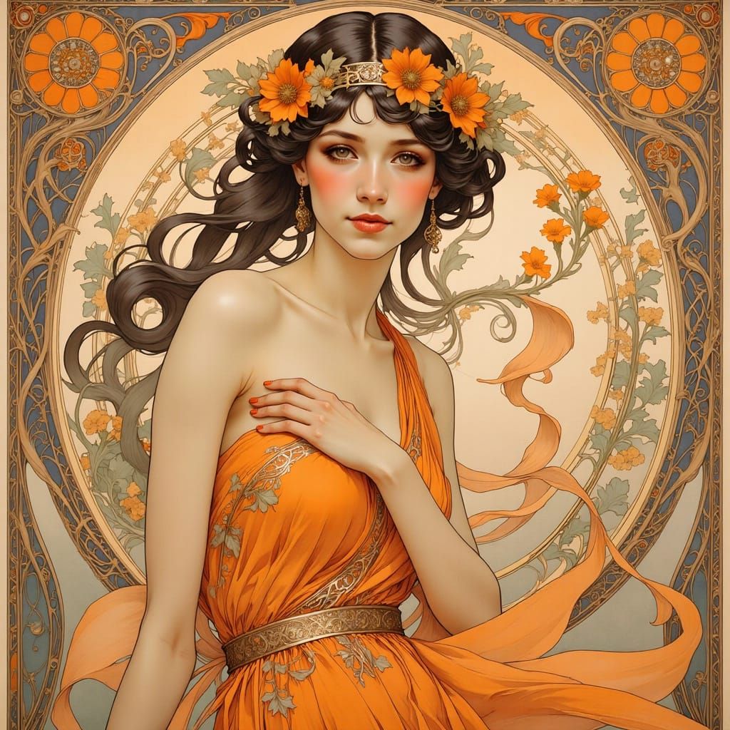 Art Nouveau Woman in Flowing Orange Gown