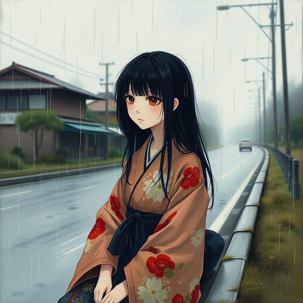 Melancholic Girl in Rain, Japanese Impressionism