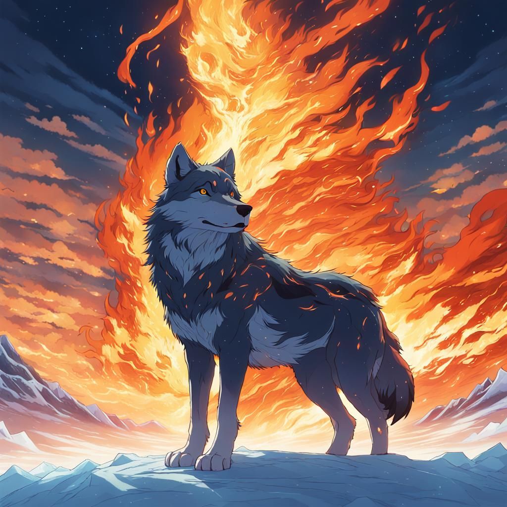 Fiery Ice Wolf in Anime Style