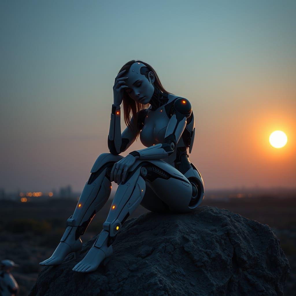 Cyborg Woman in Dystopian Evening Landscape