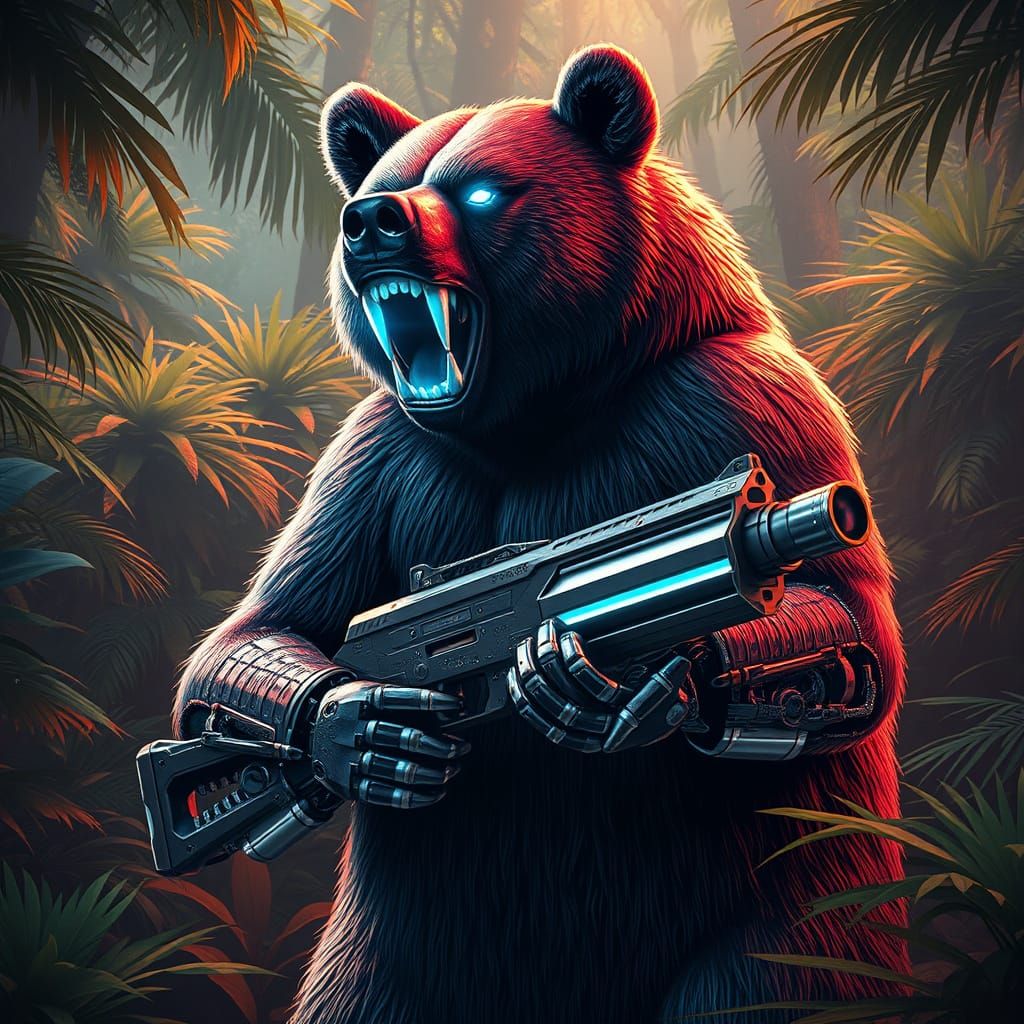 Majestic Upright Bear in Futuristic Jungle Environment